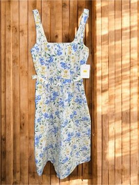 Floral Square-Neck Sundress in White Blue Yellow Women’s S(4-6)